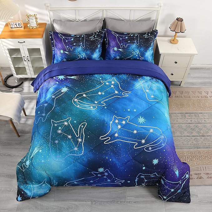 Wowelife Galaxy Bedding Set Full Size 5 Pieces Galaxy Space Comforter Set Blue 3D Galaxy Kids Comforter Sets Lightweight with Comforter, Flat Sheet, Fitted Sheet and 2 Pillowcases - LeafyLoom