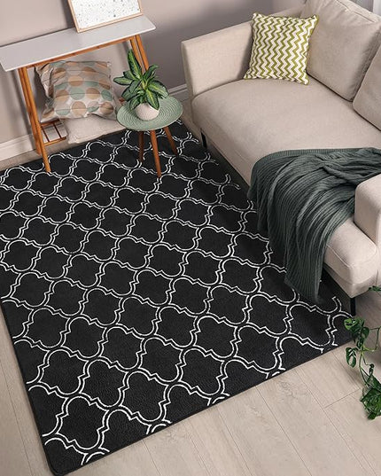 Chicrug Shag Geometric 7x10 Area Rug for Living Room, Large Modern Memory Foam Indoor Carpet, Fluffy Rug for Bedroom Bedside Room Decor for Family Girls Kids Nursery, Black/White - LeafyLoom