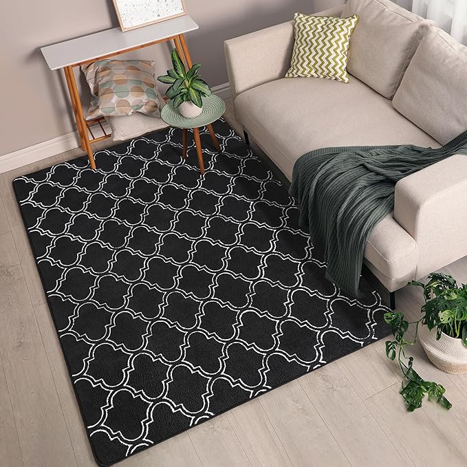 Chicrug Shag Geometric 7x10 Area Rug for Living Room, Large Modern Memory Foam Indoor Carpet, Fluffy Rug for Bedroom Bedside Room Decor for Family Girls Kids Nursery, Black/White - LeafyLoom