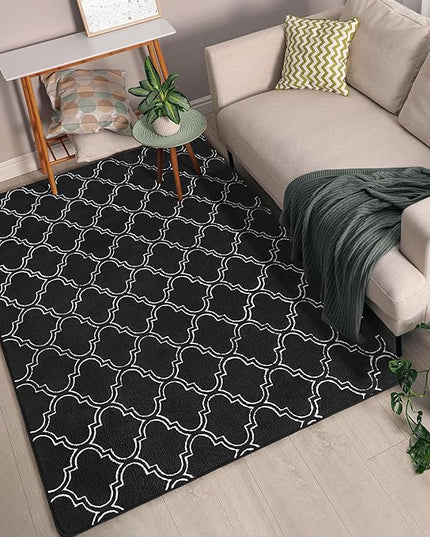 Chicrug Shag Geometric 5x7 Area Rug for Living Room, Large Modern Memory Foam Indoor Carpet, Fluffy Rug for Bedroom Bedside Room Decor for Family Girls Kids Nursery, Black/White - LeafyLoom