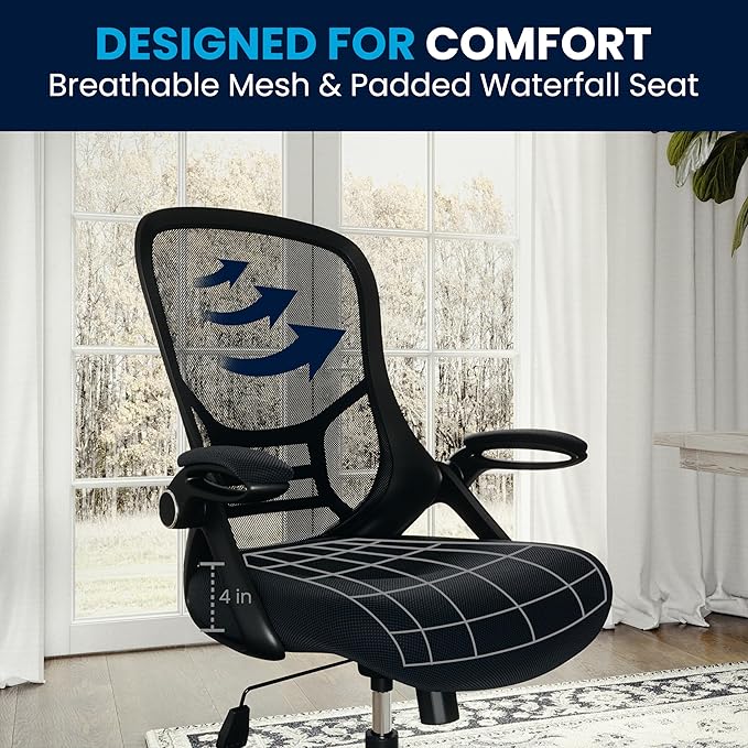 Flash Furniture Porter High-Back Swivel Office Chair with Adjustable Lumbar Support and Seat Height, Ergonomic Mesh Desk Chair with Flip-Up Armrests, Black - LeafyLoom