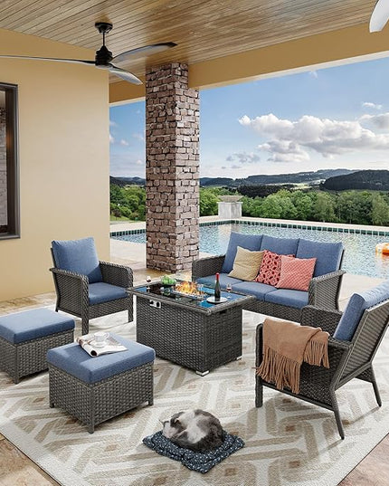 Yechen Patio Conversation Set with 44" Propane Gas Fire Pit Table - 6 Pcs Outdoor Wicker Furniture Set with Lid & Wind Shields - Luxury 7 Seats Sectional Sofa Set for Porch,Backyard - LeafyLoom