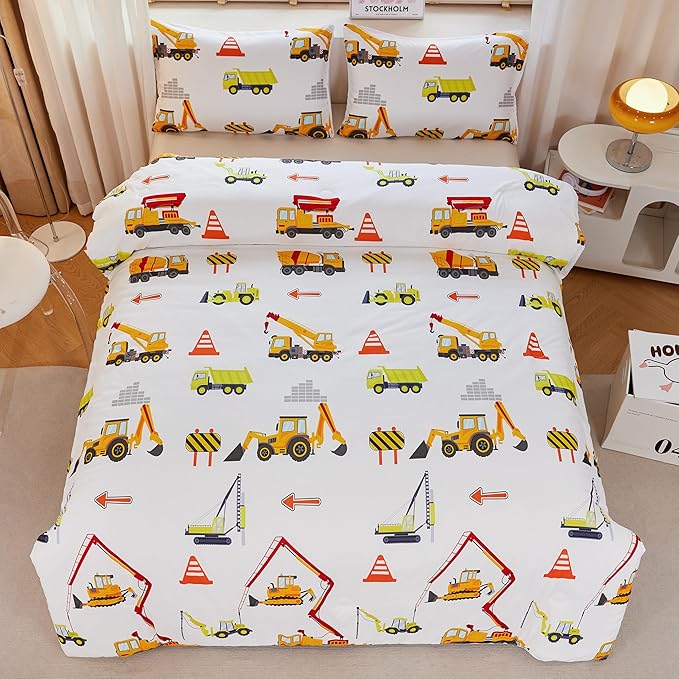 Kids Twin Comforter Set for Boys,Engineering Vehicle Comforter Set Twin,Tractor Comforter,Kids Crane Bedding Sets,Excavator Comforter with 2Pillowcases - LeafyLoom