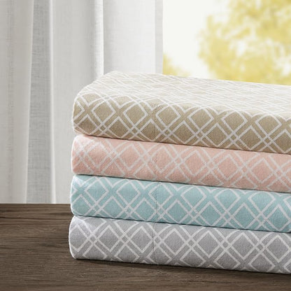 Comfort Spaces Cotton Flannel Breathable Warm Deep Pocket Sheets with Pillow Case Bedding, Queen, Aqua Geo 4 Piece - LeafyLoom