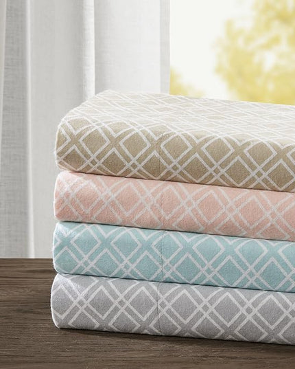 Comfort Spaces Cotton Flannel Breathable Warm Deep Pocket Sheets with Pillow Case Bedding, Full, Aqua Geo 4 Piece - LeafyLoom