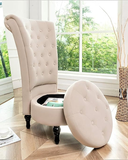 Royal High-Back Velvet Accent Chair for Vanity with Storage and Luxurious Upholstery, Retro Design and Versatile Usage for Living Room, Bedroom, Lounge and Office, Ivory - LeafyLoom