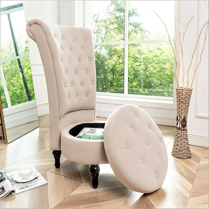 Royal High-Back Velvet Accent Chair for Vanity with Storage and Luxurious Upholstery, Retro Design and Versatile Usage for Living Room, Bedroom, Lounge and Office, Ivory - LeafyLoom