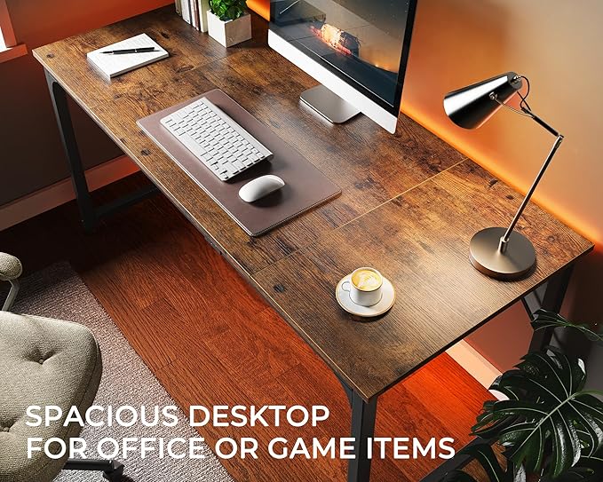 Computer Desk, 63 Inch Office Desk, Gaming Desk with Storage, Writing Desk Work Desk for Home Office, Study, Modern Simple Desk, Large Legroom, Metal Frame, Rustic Brown - LeafyLoom