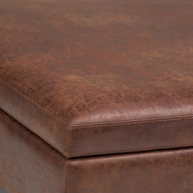 SIMPLIHOME Owen 36 Inch Wide Mid Century Modern Square Coffee Table Lift Top Storage Ottoman in Upholstered Distressed Saddle Brown Faux Leather, For the Living Room - LeafyLoom