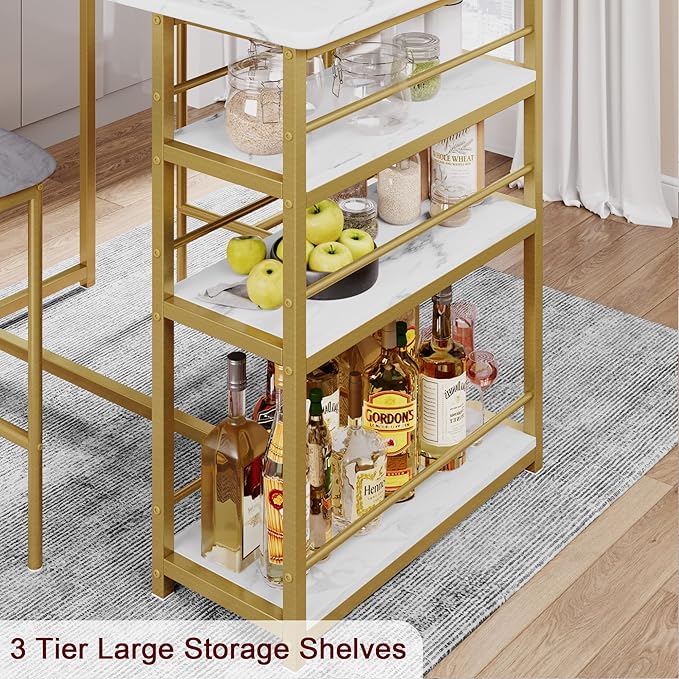 GAOMON Dining Table Set for 2, Kitchen Table and Upholstered Chairs for 2, 3 Piece Counter Height Bar Kitchen Table Set with 3 Storage Shelves for Small Space, Apartment, Velvet Gray and Gold White - LeafyLoom