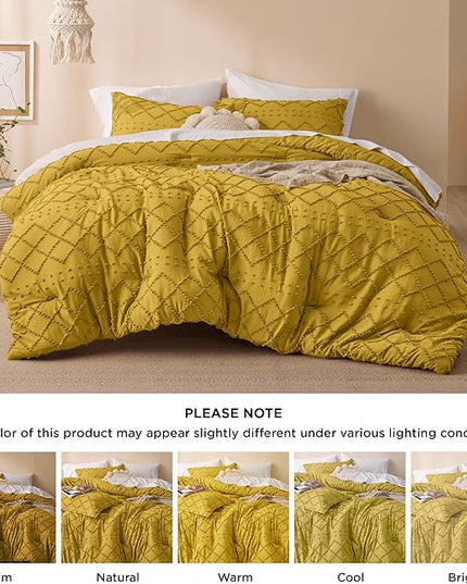 Bedsure Queen Comforter Set - Mustard Yellow Comforter, Boho Tufted Shabby Chic Bedding Comforter Set, 3 Pieces Vintage Farmhouse Bed Set for All Seasons, Fluffy Bedding Set with 2 Pillow Shams - LeafyLoom