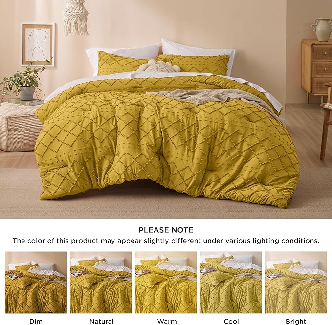 Bedsure Queen Comforter Set - Mustard Yellow Comforter, Boho Tufted Shabby Chic Bedding Comforter Set, 3 Pieces Vintage Farmhouse Bed Set for All Seasons, Fluffy Bedding Set with 2 Pillow Shams - LeafyLoom