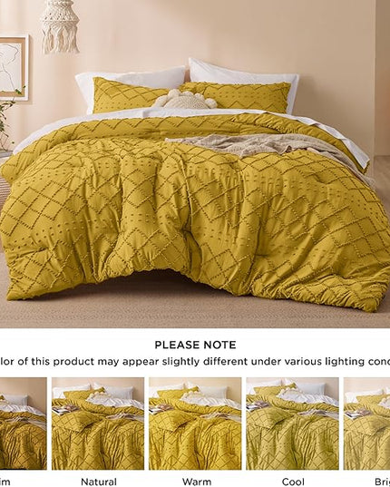 Bedsure Full Size Comforter Set - Mustard Yellow Comforter, Boho Tufted Shabby Chic Bedding Comforter Set, 3 Pieces Farmhouse Bed Set for All Seasons, Fluffy Soft Bedding Set with 2 Pillow Shams - LeafyLoom