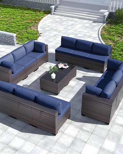 Kullavik 14PCS Outdoor Patio Furniture Set PE Wicker Rattan Sectional Sofa Patio Conversation Sets,Navy blue - LeafyLoom