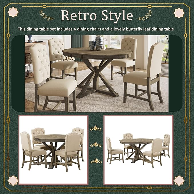 NicBex Kitchen Table Set Dining Room Table Set for 4 Retro Style Dining Table Set with Extendable Table and 4 Upholstered Chairs for Dining Room and Living Room, Natural Wood Wash - LeafyLoom