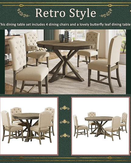 Small Dining Table Set for 4-6, Modern Round Extendable Table and Upholstered Chairs, X-Shaped Cross Base, Button Tufting Backrest, Retro Style Home Furniture for Small Spaces, Living Room - LeafyLoom