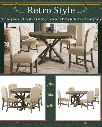 Room 5-Piece Extendable Dining, Retro Style Functional Kitchen Set with Round Table and 4 Upholstered Chairs, Natural Wood Wash, 1 - LeafyLoom