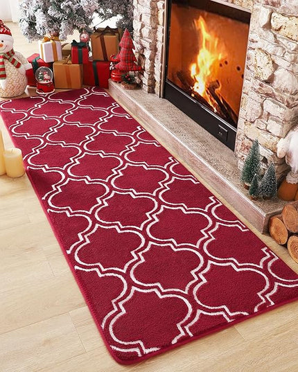 Chicrug Shag Geometric Modern Runner Rug for Bedroom, 2x6 Feet Memory Foam Indoor Hallway Runner Carpet, Fluffy Rug for Living Room Bedside Room Decor for Family, Wine Red/White - LeafyLoom