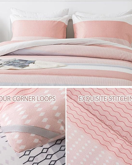 Andency Stripe Comforter Set Queen Size (90x90 Inch), 3 Pieces Pink Patchwork Striped Comforter, Soft Microfiber Down Alternative Comforter Bedding Set with Corner Loops - LeafyLoom