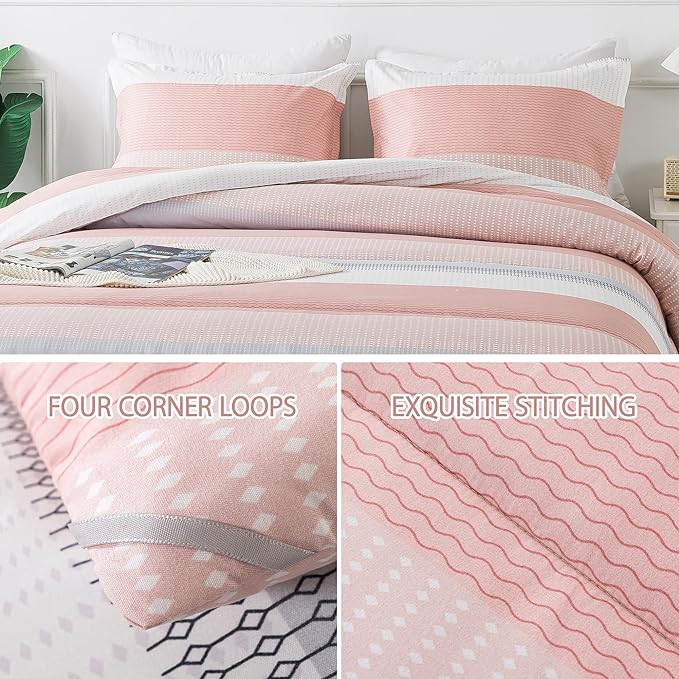 Andency Stripe Comforter Set Twin Size (66x90 Inch), 2 Pieces Pink Patchwork Striped Comforter, Soft Microfiber Down Alternative Comforter Bedding Set with Corner Loops - LeafyLoom