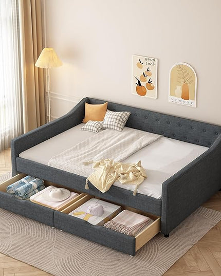 Full Size Daybed with Drawers, Linen Upholstered Tufted Sofa Bed Frame with Button on Back, Waved Shape Arms, Wooden Slats Support, Space-Saving, for Apartment, Bedroom, Dark Grey - LeafyLoom