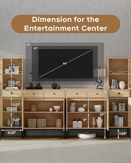 XIAO WEI Entertainment Center for TV up to 70 inch, Sideboard Cabinet Natural Rattan Woven Doors & Drawers, Media Console Tall Storage Cabinet, Rattan Cabinet, Metal legs - LeafyLoom