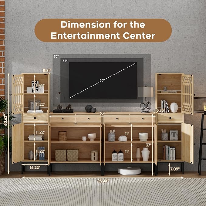 XIAO WEI Entertainment Center for TV up to 70 inch, Sideboard Cabinet Natural Rattan Woven Doors & Drawers, Media Console Tall Storage Cabinet, Rattan Cabinet, Metal legs - LeafyLoom