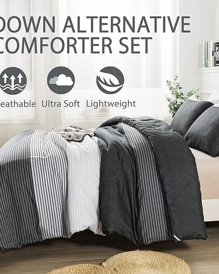 Andency Twin Comforter Set Black, 2 Pieces Black White and Gray Patchwork Striped Comforter(66x90 Inch), Soft Microfiber Down Alternative Twin Comforter Bedding Sets with Corner Loops - LeafyLoom