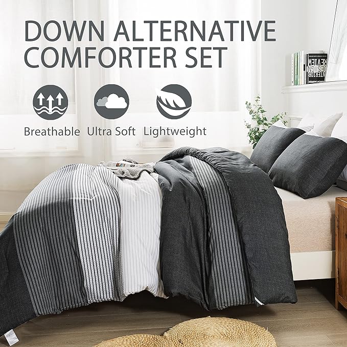 Andency Twin Comforter Set Black, 2 Pieces Black White and Gray Patchwork Striped Comforter(66x90 Inch), Soft Microfiber Down Alternative Twin Comforter Bedding Sets with Corner Loops - LeafyLoom