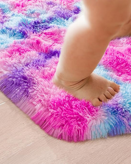 junovo Ultra Soft Hexagon Rug Fluffy Rainbow Nursery Rug for Princess Tent Kids Play Castle, Furry Hexagonal Carpet for Kids Girls Room Playhouse Classroom Dorm Home Decor, 4.6ft Tie-Dye Hot-Pink - LeafyLoom