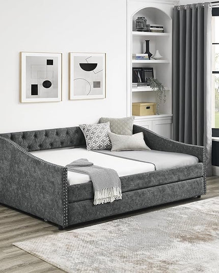 Upholstered Full Size Daybed with Twin Trundle, Solid Wooden Bed Frame w/Button Tufted Backrest and Copper Nail on Waved Shape Arms, No Spring Box Need, Space-Saving Design - LeafyLoom
