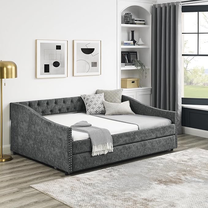 Upholstered Full Size Daybed with Twin Trundle, Solid Wooden Bed Frame w/Button Tufted Backrest and Copper Nail on Waved Shape Arms, No Spring Box Need, Space-Saving Design - LeafyLoom