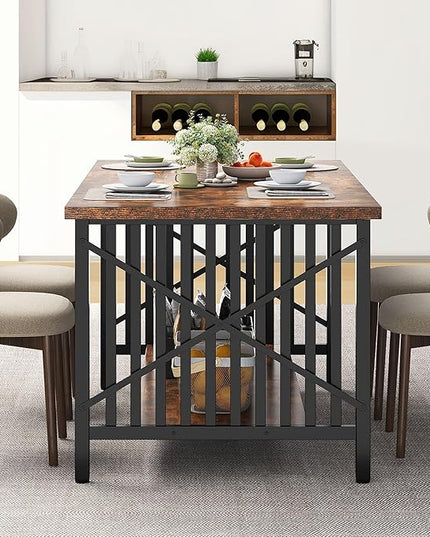 DWVO 70.8" Large Kitchen Dining Table for 6-8 People, Farmhouse Industrial Kitchen Table with Storage, Rectangle Apartment Dinning Room Dinette Tables for Eating Dinner, Rustic Brown - LeafyLoom