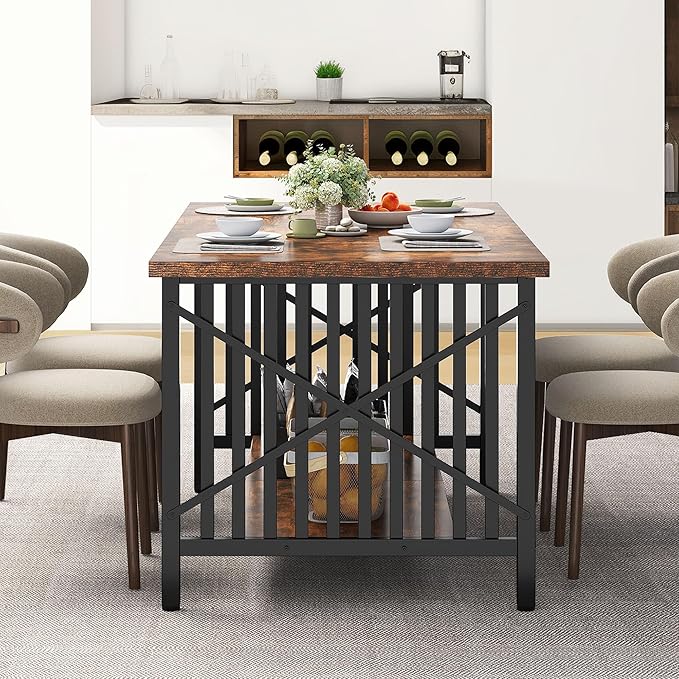 DWVO 70.8" Large Kitchen Dining Table for 6-8 People, Farmhouse Industrial Kitchen Table with Storage, Rectangle Apartment Dinning Room Dinette Tables for Eating Dinner, Rustic Brown - LeafyLoom