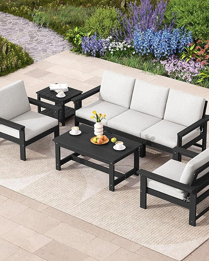 SERWALL HDPE Patio Coversation Set, 7-piece Outdoor Sectional Sofa Set, All Weather Patio Couch Set Patio Furniture for Balcony, Deck, Black Frame with Khaki Cushion - LeafyLoom