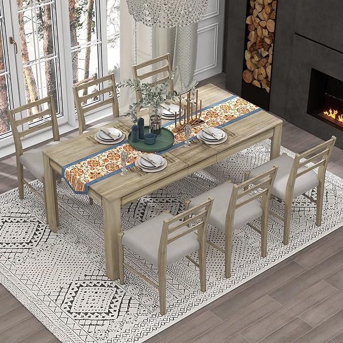 71.5 Inch Dining Table Set for 6, 7-Piece Wooden Extendable Table with 12" Leaf and 2 Drawers, 6 Dining Chairs with Soft Cushion for Dining Room, Living Room, Natural Wood Wash - LeafyLoom