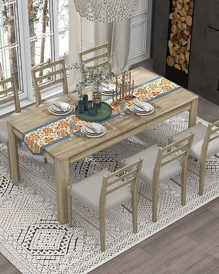 7 Piece Extendable Wooden Dining Table Set with 6 Upholstered Chairs, 12" Leaf and 2 Drawers, Natural Wood Wash - LeafyLoom