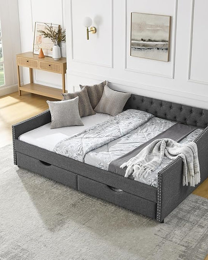 Queen Size Mid-Century Daybed, 2 Storage Drawers,Linen Button Upholstered Tufted Bed, Copper Nail on Waved Shape Arms, No Box Spring Needed,for Bedroom, Livingroom - LeafyLoom
