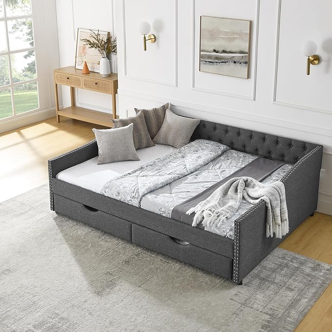 Queen Size Mid-Century Daybed, 2 Storage Drawers,Linen Button Upholstered Tufted Bed, Copper Nail on Waved Shape Arms, No Box Spring Needed,for Bedroom, Livingroom - LeafyLoom