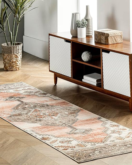 nuLOOM Gracie Distressed Medallion Machine Washable Ultra Thin Runner Rug, 2' 6" x 8', Peach - LeafyLoom