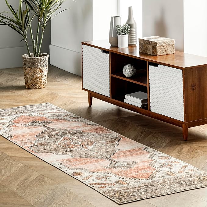nuLOOM Gracie Distressed Medallion Machine Washable Ultra Thin Runner Rug, 2' 6" x 12', Peach - LeafyLoom