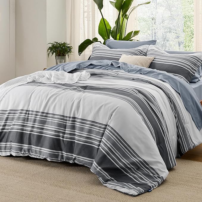 Bedsure Bed in a Bag Queen 7 Pieces - Striped Beddding sets, Queen Comforter Sets with Comforter, Fitted Sheet, Flat Sheet, Pillowcase & Shams - LeafyLoom