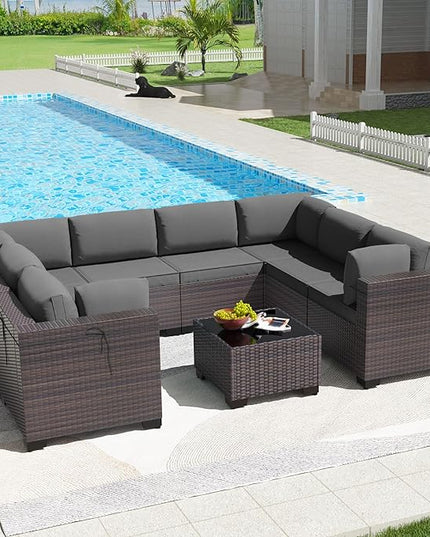 Kullavik 9PCS Outdoor Patio Furniture Set PE Wicker Rattan Sectional Sofa Patio Conversation Sets,Grey - LeafyLoom