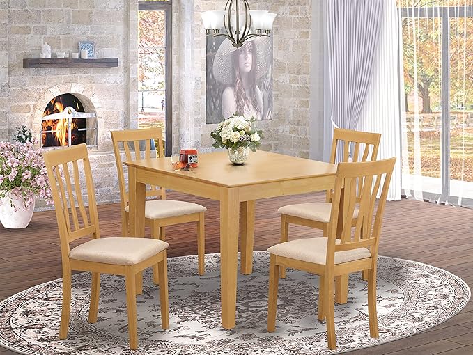 East West Furniture OXAN5-OAK-C Oxford 5 Piece Kitchen Set for 4 Includes a Square Table and 4 Linen Fabric Dining Room Chairs, 36x36 Inch - LeafyLoom