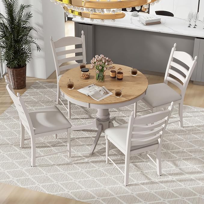 Dining Table Set for 4 Person, 5 Pieces Kitchen Table&Chairs Including Round Extendable Diningtable and Four Upholstered Chairs, Wood Grain Tabletop, Ladder Backrest, Solid Wood Rubber Legs - LeafyLoom