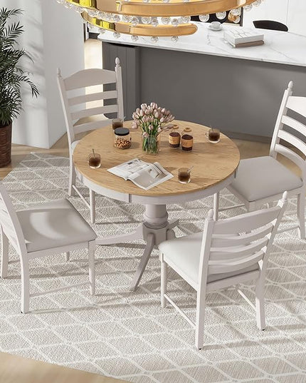 5-Piece Round Extendable Dining Set, Included Solid Wood 42"-58'' Adjustable Tables and 4 Upholstered Chairs, Retro Functional Dinette Furniture for Kitchen Living Room, Off White - LeafyLoom