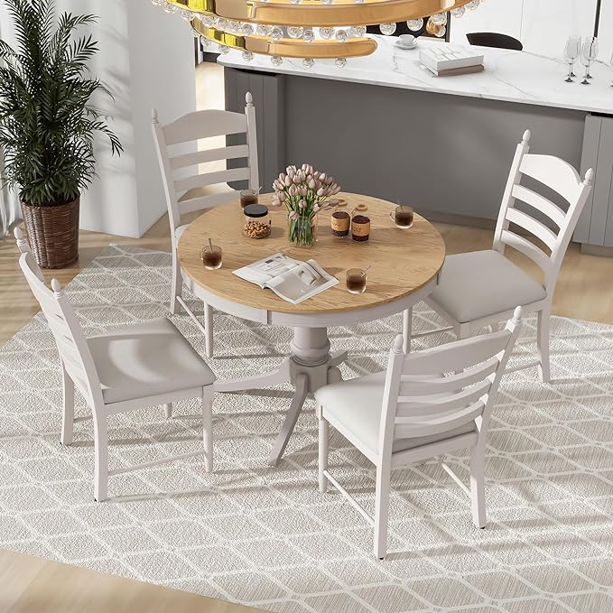 5-Piece Round Extendable Dining Set, Included Solid Wood 42"-58'' Adjustable Tables and 4 Upholstered Chairs, Retro Functional Dinette Furniture for Kitchen Living Room, Off White - LeafyLoom