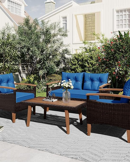 Merax Patio Furniture Sets 4 Pieces, All Weather Outdoor PE Rattan Sofa with Wood Table and Legs, for Lawn, Backyard, Poolside or Garden, Blue - LeafyLoom
