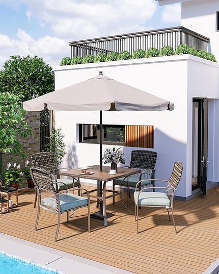 Pamapic 5 Piece Patio Dining Set, Green, Weather Resistant PE Rattan Table and Chairs, Comfortable Cushions, Easy Maintenance - LeafyLoom