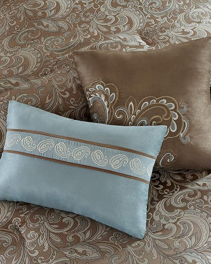 Madison Park Essentials Brystol 24 Piece Room in a Bag Faux Silk Comforter Jacquard Paisley Design Matching Curtains Down Alternative Hypoallergenic All Season Bedding-Set, Queen (90 in x 90 in), Blue - LeafyLoom